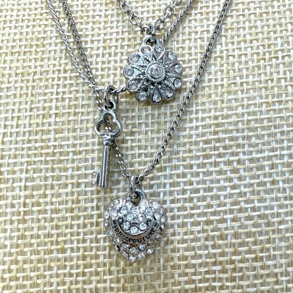 Juicy Couture Silver-Tone Layered Charm Necklace With Heart Key & Flower Pendant - Picture 2 of 10